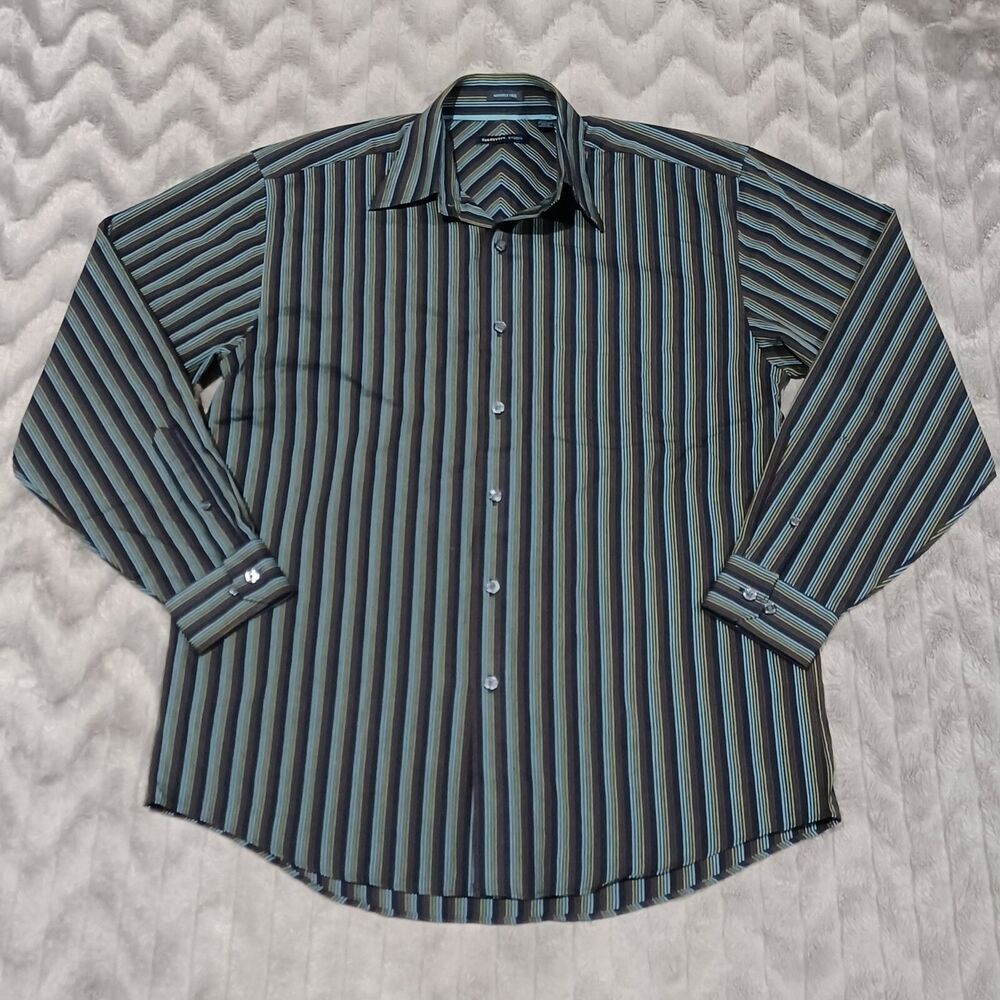Van Heusen Studio Mens Sz S 14-14 1/2 Blue Green Stripe Button Up Shirt
